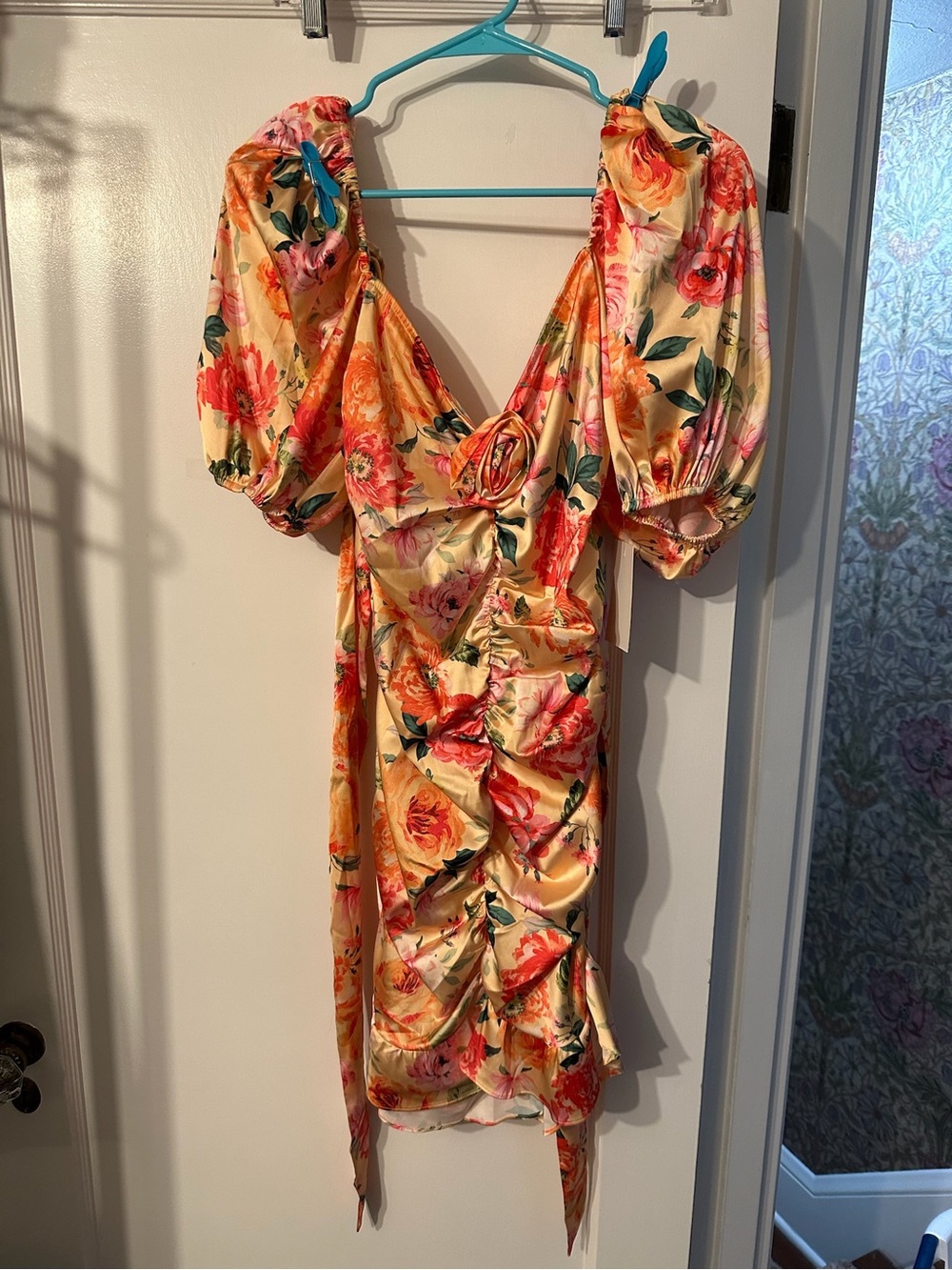 For Love & Lemons Yellow Floral Puff-Sleeve Mini Dress